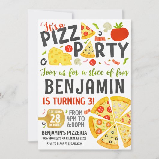 Pizza Party Birthday Invitation Kaart (Voorkant)