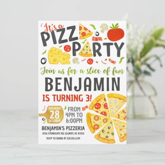 Pizza Party Birthday Invitation Kaart (Staand voorkant)