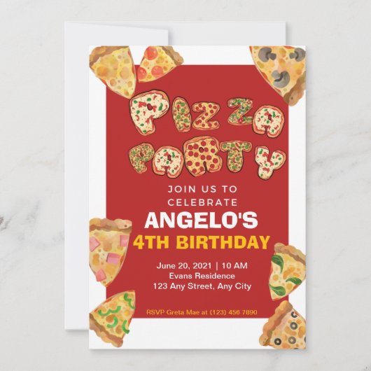 Pizza Party Birthday Invitation Kaart (Voorkant)