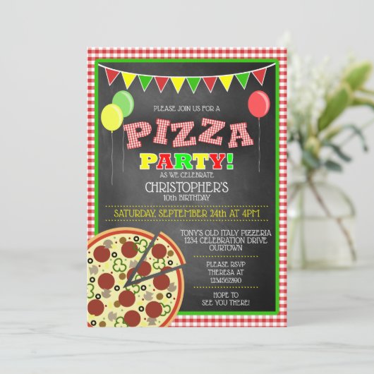 Pizza Party Birthday Invitation Kaart (Staand voorkant)