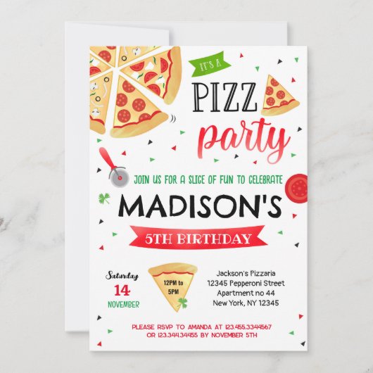 Pizza Party Birthday Invitations Boy Girl Kaart (Voorkant)