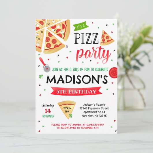 Pizza Party Birthday Invitations Boy Girl Kaart (Staand voorkant)