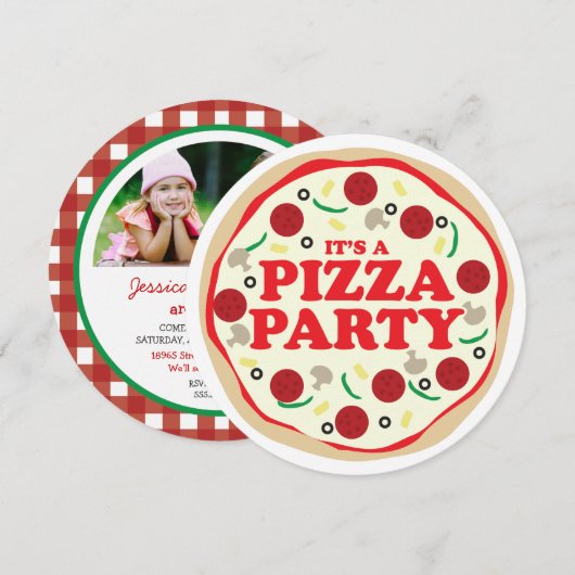 Pizza Party Birthday Invite Kaart (Voorkant / Achterkant)