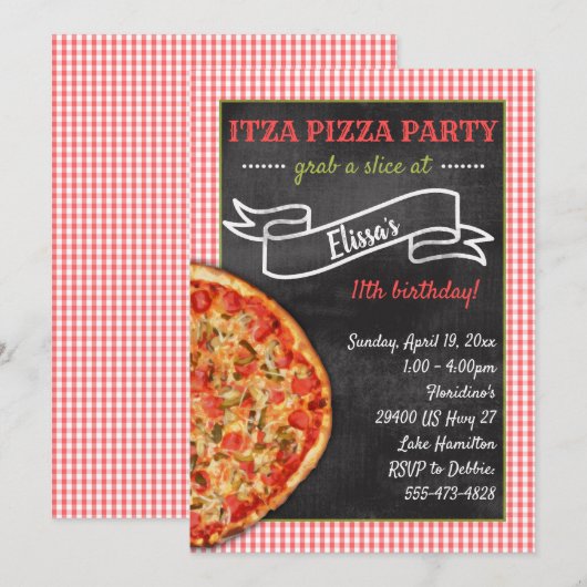 Pizza Party Birthday Party Invitation Kaart (Voorkant / Achterkant)