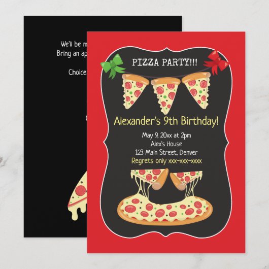Pizza Party Birthday-uitnodiging Elke leeftijd Kaart (Voorkant / Achterkant)