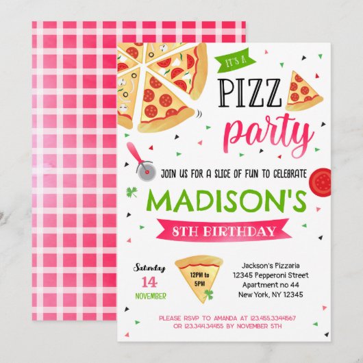 Pizza Party Birthday Uitnodigingen voor meisje (Voorkant / Achterkant)