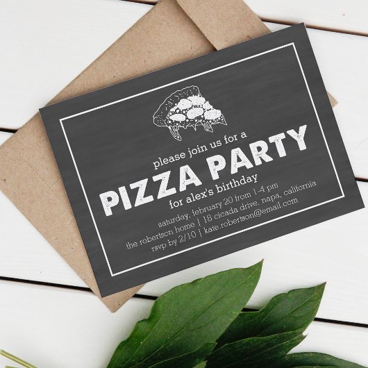 Pizza Party Black & White Chalkboard Birthday Kaart