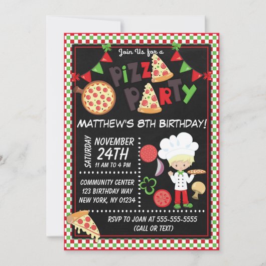 Pizza Party Blond Boy Kids Birthday Party Kaart (Voorkant)