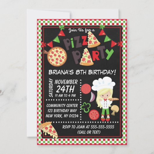 Pizza Party Blond Girl Kinderen Birthday Party Kaart (Voorkant)