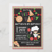 Pizza Party Brown Hair Boy Kids Birthday Party Kaart (Voorkant)