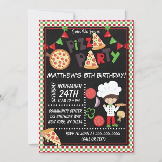 Pizza Party Brown Hair Boy Kids Birthday Party Kaart (Voorkant)