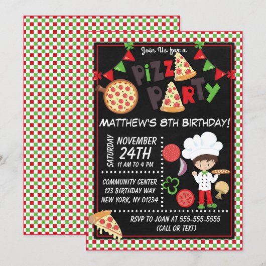 Pizza Party Brown Hair Boy Kids Birthday Party Kaart (Voorkant / Achterkant)