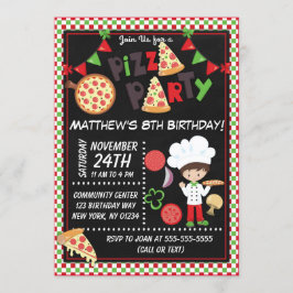 Pizza Party Brown Hair Boy Kids Birthday Party Kaart
