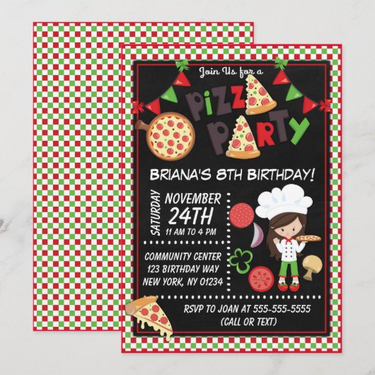 Pizza Party Brown Hair Girl kinderen Birthday Part Kaart (Voorkant / Achterkant)