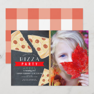 Pizza Party Chalkboard Red Gingham Foto Birthday Kaart