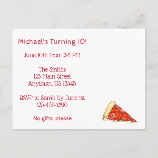Pizza Party Child's Birthday Invitation Uitnodiging Briefkaart (Achterkant)