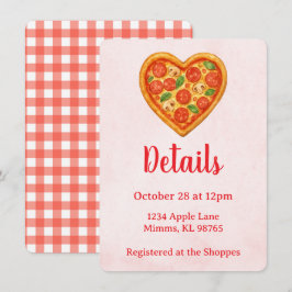 Pizza Party Details Card | Heart Pizza Red Checker Kaart