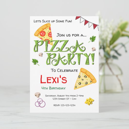 Pizza Party Invitation Kaart (Staand voorkant)
