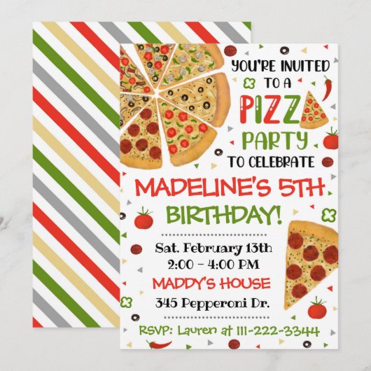 Pizza Party Invitation Pizza Birthday Pizza Party Kaart (Voorkant / Achterkant)