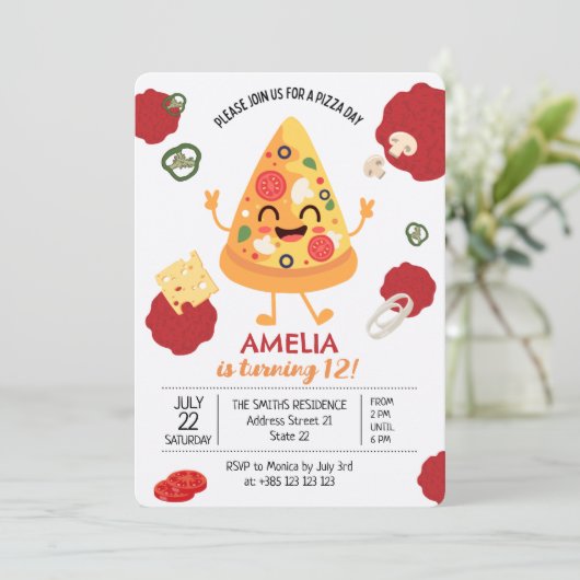Pizza Party Kawaii Verjaardag Uitnodiging (Staand voorkant)