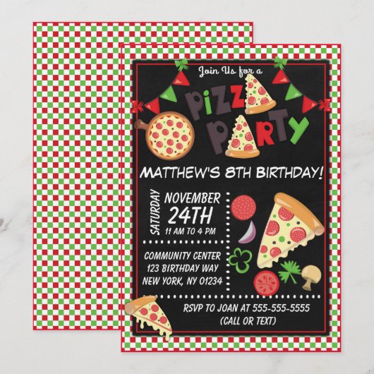 Pizza Party Kids Birthday Party Kaart (Voorkant / Achterkant)