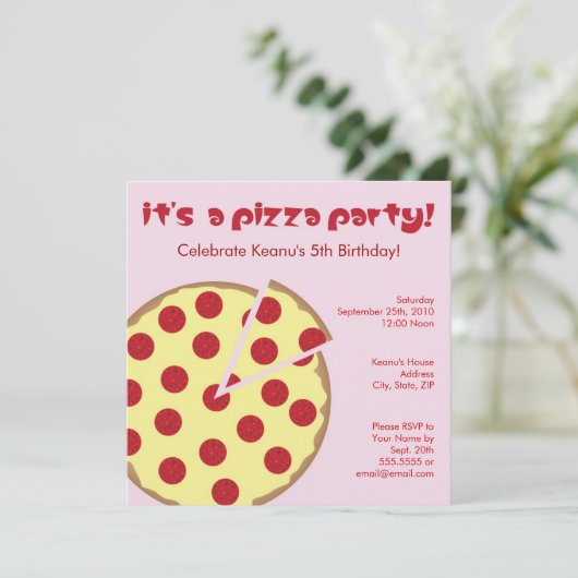 Pizza Party Kids Birthday Uitnodiging - Roze (Staand voorkant)