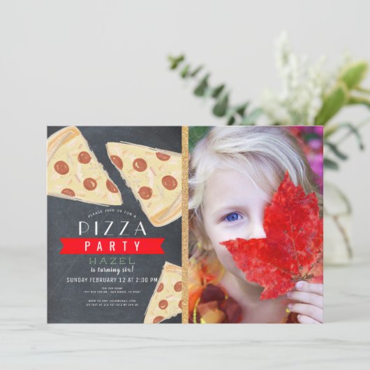 Pizza Party Krijtbord Red Gingham Foto Verjaardag Kaart (Staand voorkant)