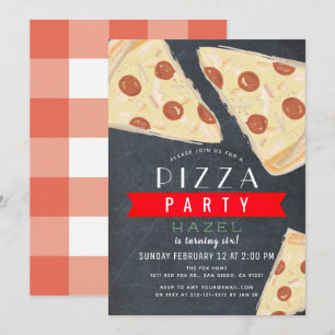 Pizza Party Krijtbord Red Gingham Verjaardag Kaart