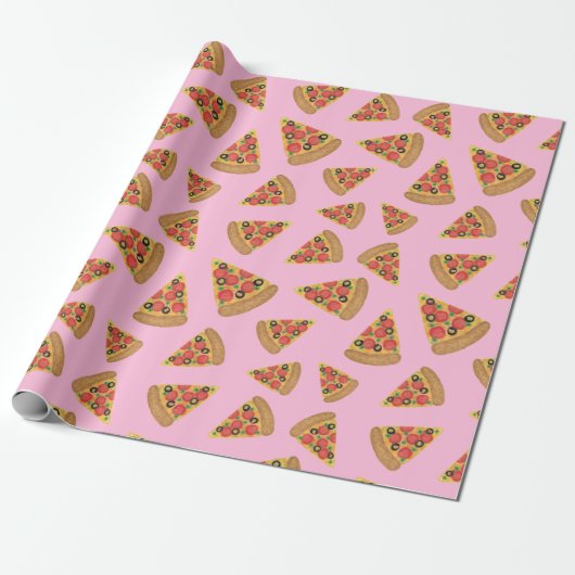 Pizza Party Pattern Pink Wrapping Paper Cadeaupapier (Uitgerold)