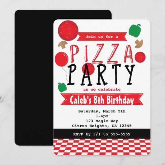 Pizza Party Rood Zwart & Wit Verjaardag Uitnodigin Kaart (Voorkant / Achterkant)