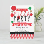 Pizza Party Rood Zwart & Wit Verjaardag Uitnodigin Kaart (Staand voorkant)