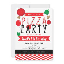 Pizza Party Rood Zwart & Wit Verjaardag Uitnodigin