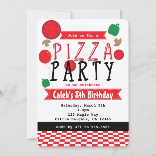 Pizza Party Rood Zwart & Wit Verjaardag Uitnodigin Kaart (Voorkant)