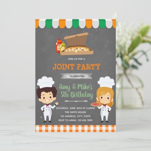 Pizza party sibling party-uitnodiging kaart (Staand voorkant)