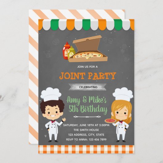 Pizza party sibling party-uitnodiging kaart (Voorkant / Achterkant)