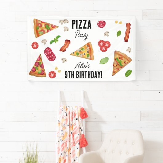 Pizza Party Theme Waterverf Kids Verjaardagsfeest Spandoek (Insitu)