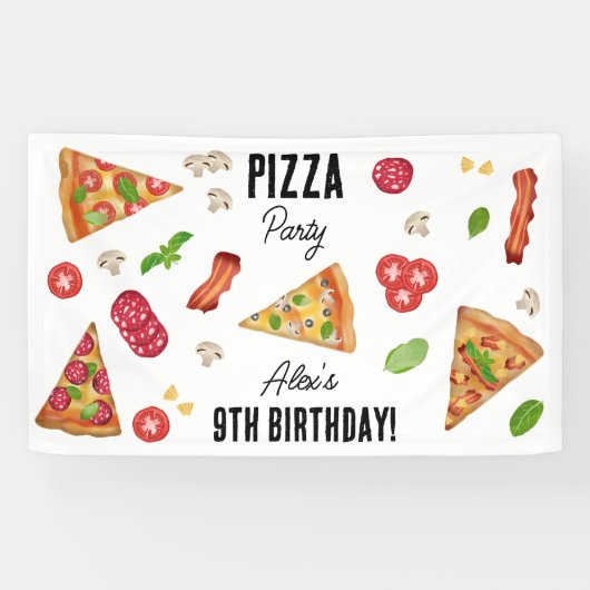 Pizza Party Theme Waterverf Kids Verjaardagsfeest Spandoek (Horizontaal)