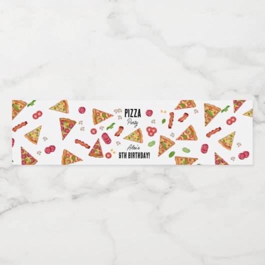 Pizza Party Theme Waterverf Kids Verjaardagsfeest Waterfles Etiket (Enkel label)