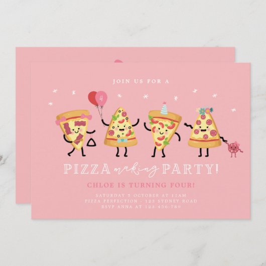 Pizza Party Verjaardag Nodig Meisjes Schattige Piz Kaart (Voorkant / Achterkant)