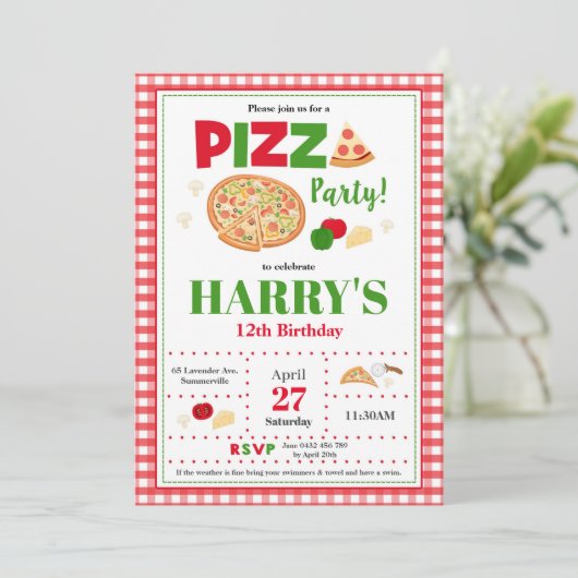 Pizza Party Verjaardag Uitnodiging Jongens Fast Fo (Staand voorkant)