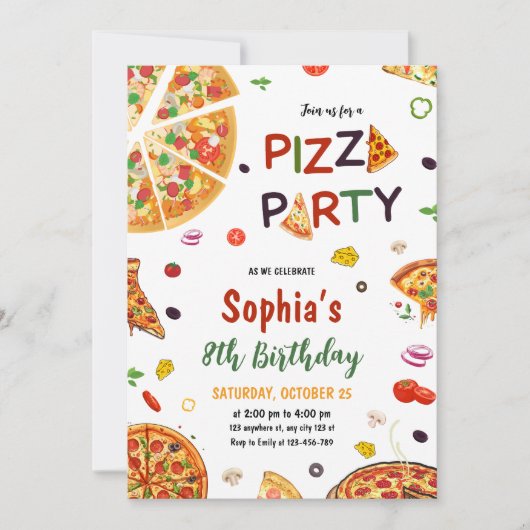 Pizza Party Verjaardag Uitnodiging, Pizza Verjaard Kaart (Voorkant)