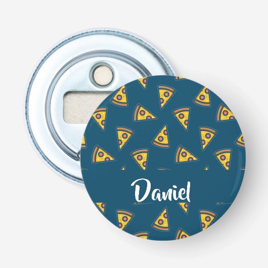 Pizza patroon op blauw button flesopener (Voorkant)