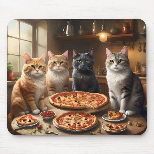 Pizza Paw-ty: Vier katten graven in! Muismat (Voorkant)