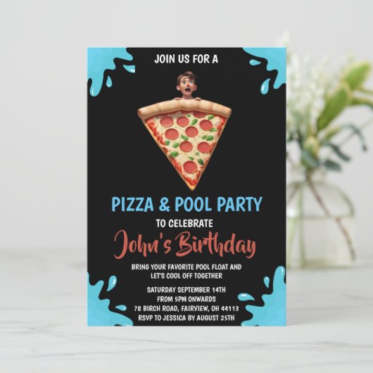 Pizza Pool Party uitnodiging (Staand voorkant)