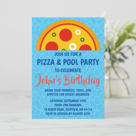 Pizza Pool Party uitnodiging (Staand voorkant)