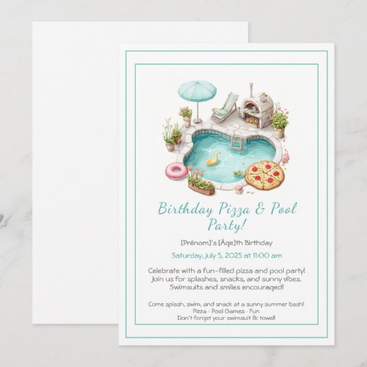Pizza Pool Party Uitnodiging – Leuke zomerverjaard (Voorkant / Achterkant)