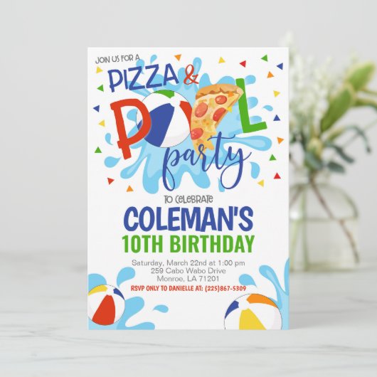 Pizza & Pool Party Uitnodiging voor verjaardag (Staand voorkant)