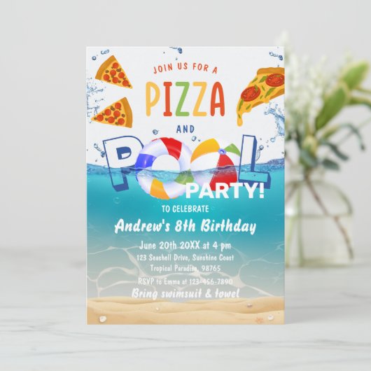 Pizza & Pool Party Zomer Water Verjaardag Kaart (Staand voorkant)