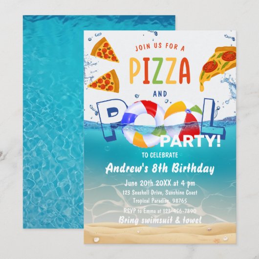 Pizza & Pool Party Zomer Water Verjaardag Kaart (Voorkant / Achterkant)