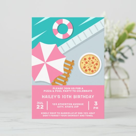 Pizza Pool Party Zwembad Roze Modern Kaart (Staand voorkant)